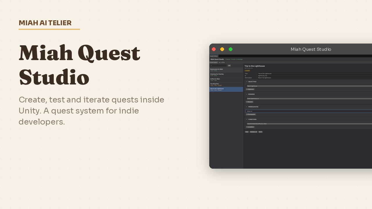 Miah Quest Studio: la ventana del editor de misiones sobre fondo crema, con la lista de misiones a la izquierda y el detalle de una misión con objetivos, recompensas y condiciones a la derecha